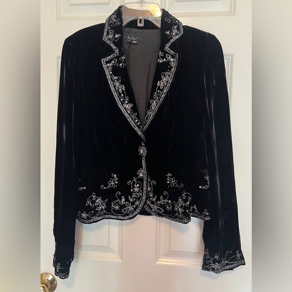 ECI Black Velvet Blazer with White Embroidery